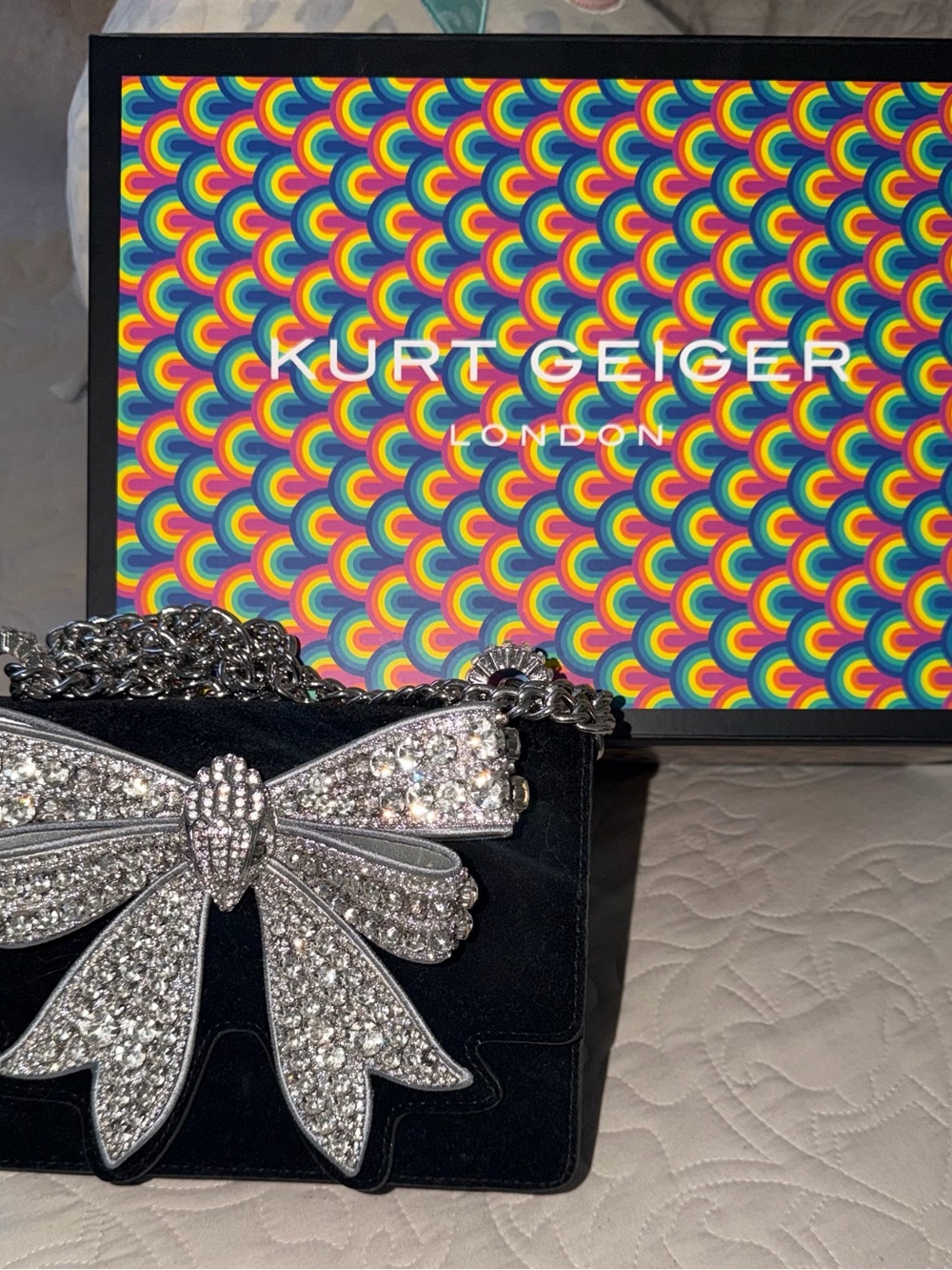 Kurt Geiger Black Velvet Crossbody with Crystal Bow Accent